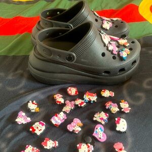 Mega Crush Black Crocs Clogs 7 W 5 M w Hello Kitty Decals